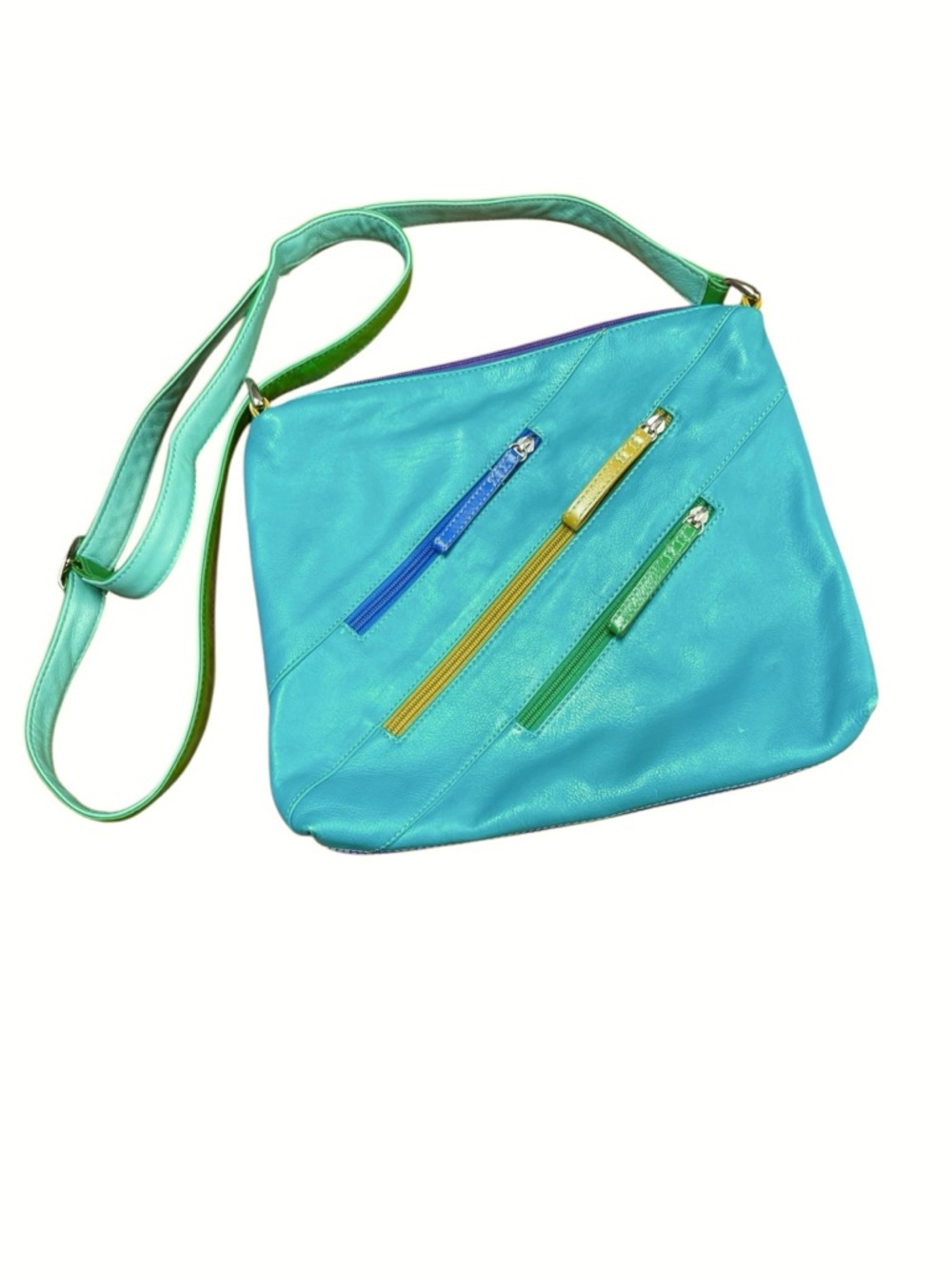 Ili Vintage Inspired Turquoise Leather Crossbody Bag Colorful Zip Accents